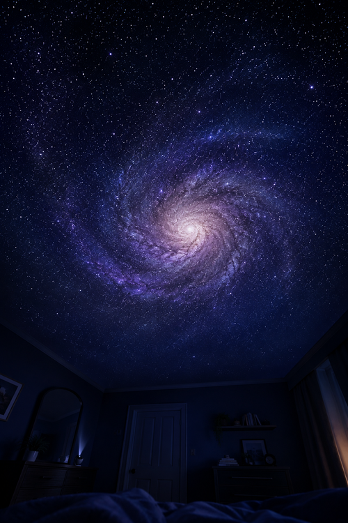 Bedroom ceiling turned into a spiral galaxy by the Stellara Home Planetarium