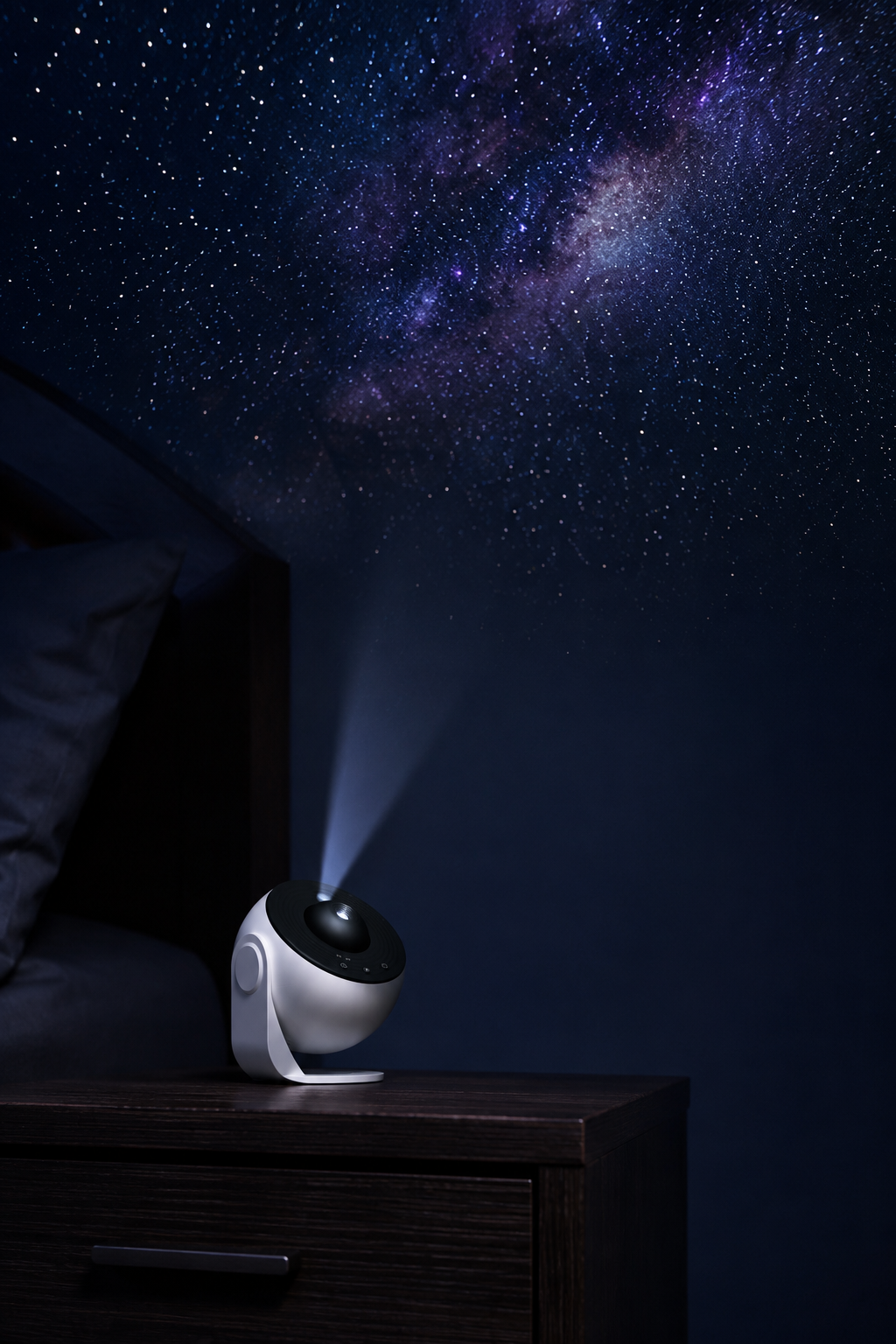 Stellara projector on a bedside table projecting the Milky Way