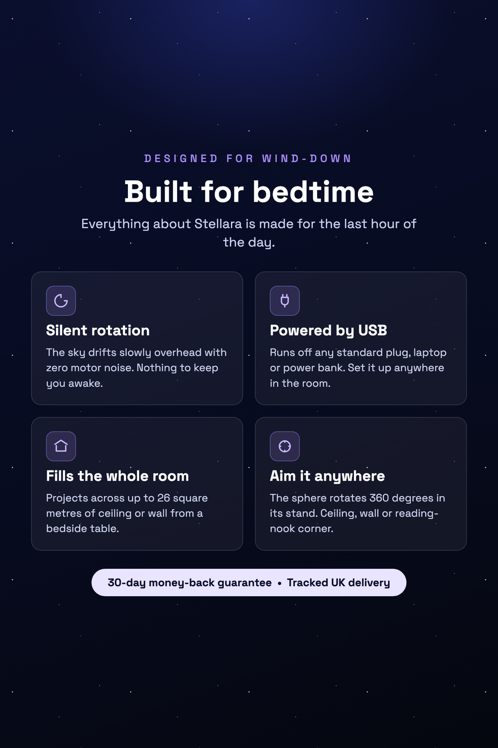 Stellara infographic: silent, USB powered, fills the room