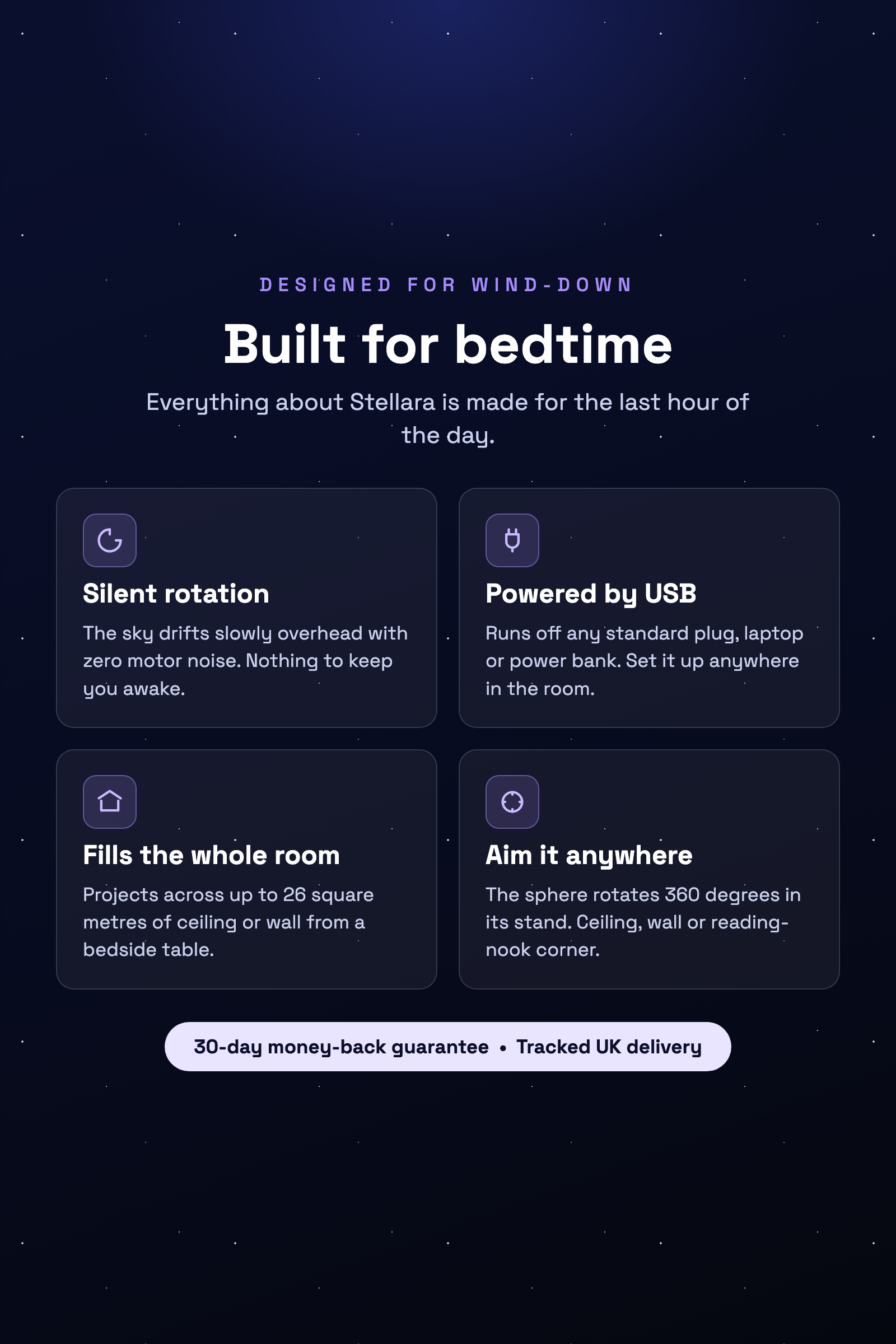 Stellara infographic: silent, USB powered, fills the room
